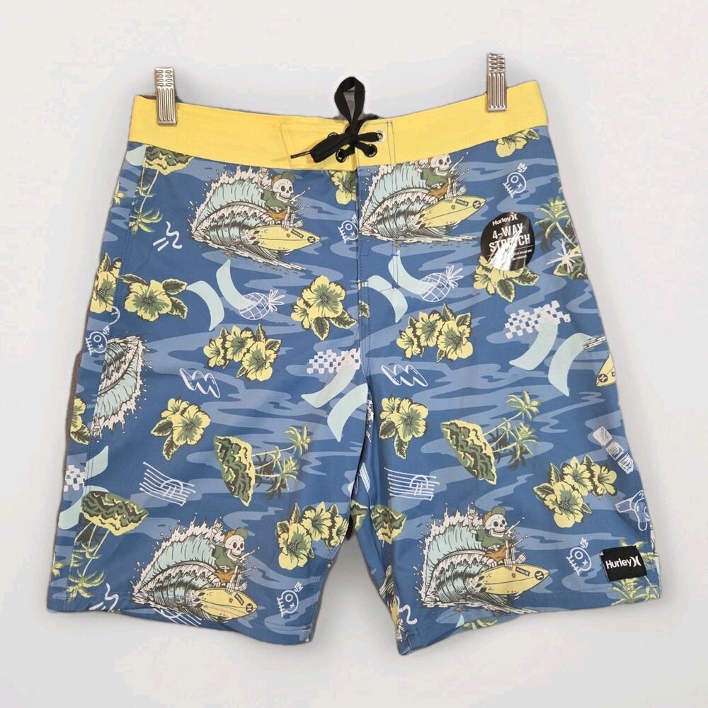 HURLEY BOYS SWIM TRUNKS XL 14/27 8.5" INSEAM NWT $38 Unlined Surf Skeleton Skull